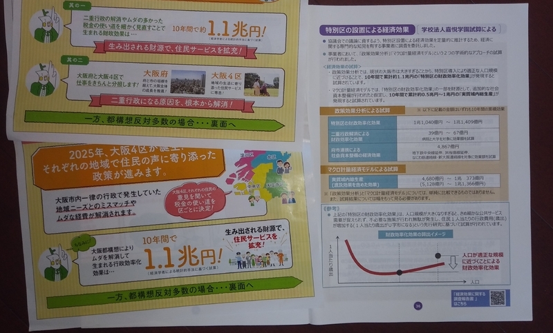 大阪都構想の経済効果を記載した維新のチラシ（左）と大阪市の説明パンフレット（右）＝筆者撮影