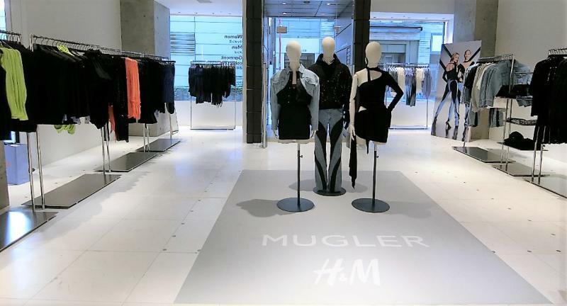 開店に合わせて同日発売された「ミュグレー」とのデザイナーズコラボレーション「ミュグレー H&M」のポップアップストアを開設。ボディコンシャスなコレクションに朝から行列ができた。外国人客の多さも目立った