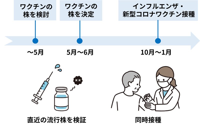 図2. 新型コロナ・インフルエンザワクチンの今後の接種案（筆者作成）（イラストはソコストより使用）