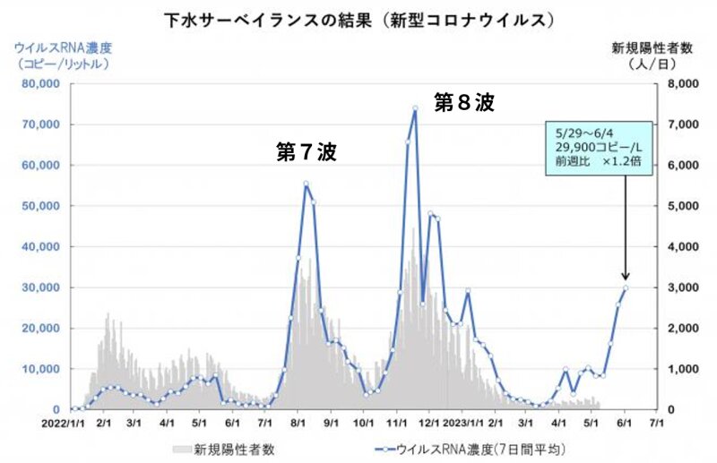 図２．６月９日時点での札幌市の下水中新型コロナウイルスサーベイランス（参考資料１より引用）
