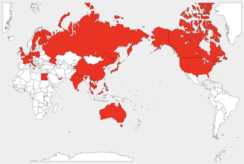 新型コロナウイルス感染症の症例が報告されている国（2020年2月15日現在）