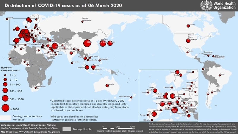 新型コロナウイルス感染症が報告されている国（3月6日時点）（WHO situation reportより）