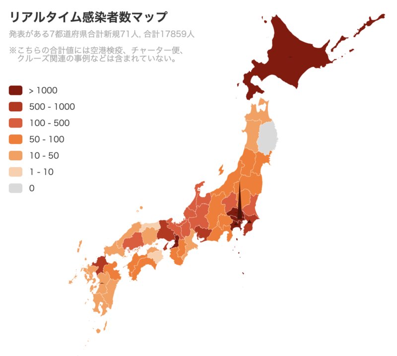 各都道府県での新型コロナウイルス感染症患者報告数（6月27日時点. https://covid-2019.live/より）