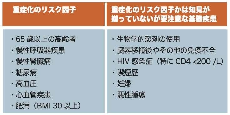 重症化のリスク因子（新型コロナウイルス感染症 診療の手引き 第2.2版より）