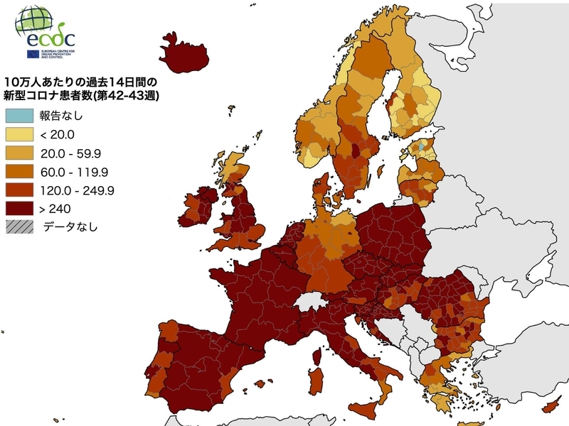 ヨーロッパ諸国の新型コロナ患者の流行状況（ECDCより）