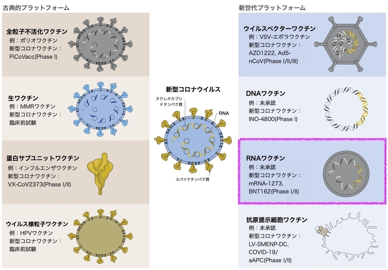 開発中の新型コロナワクチンの種類（Nature Materials volume 19, pages810-812(2020)）