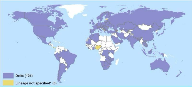 デルタ型変異ウイルスが検出されている国（WHO. Situation Report 6 July 2021より）