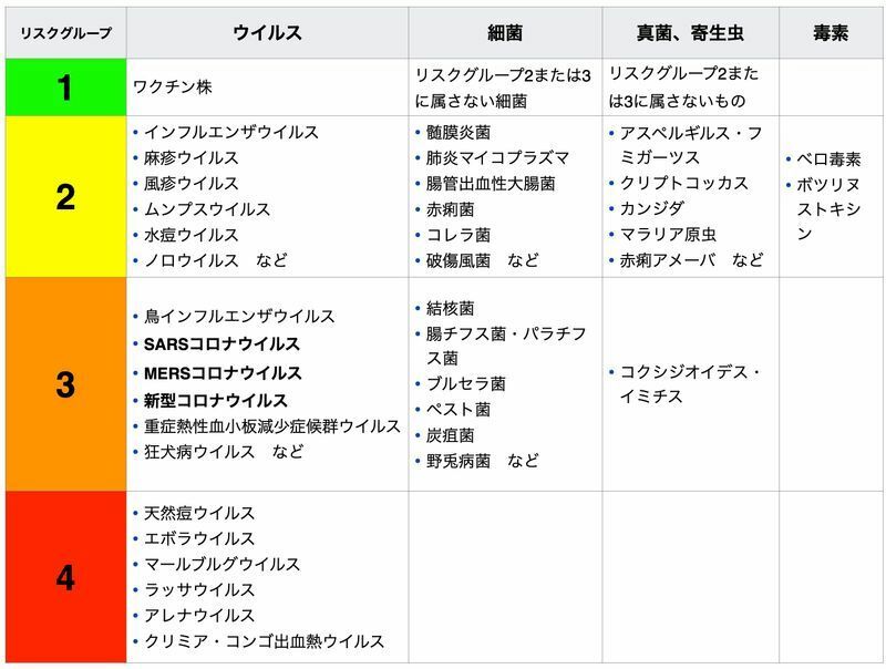 日本における病原微生物のリスクグループ分類（筆者作成）