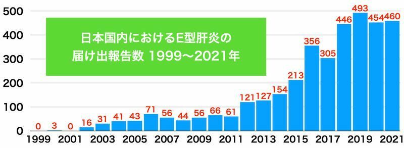 日本国内におけるE型肝炎の届け出報告数 1999年〜2021年（国立感染症研究所のデータに基づき筆者作成）