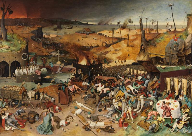 ペストがガイコツとして描かれ、あらゆる階級の生者へと襲いかかり、容赦なく蹂躙する様子が描かれている（Pieter Bruegel 死の勝利）