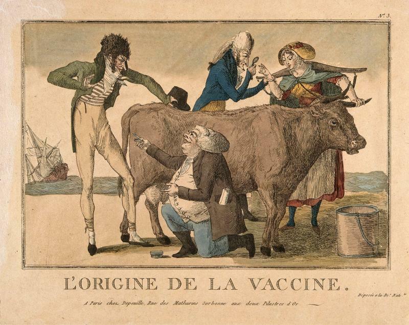 搾乳婦の牛痘を調べるジェンナー（Wikipediaより）