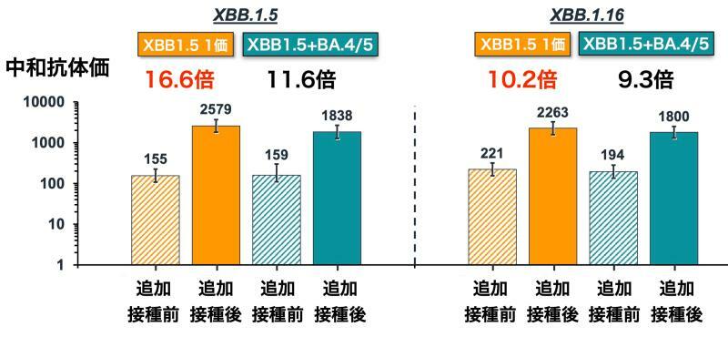 XBB.1.5およびXBB.1.16に対する、XBB.1.5対応ワクチンおよびXBB.1.5+BA.4/5 ２価ワクチン接種前後の中和抗体価の推移（FDA資料より筆者作成）