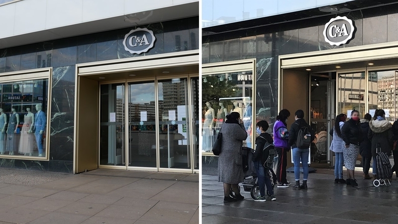 緩和前後の比較　緩和後（右）は、お店に入店を待つ列ができている（5月7日）　岡本真希さん撮影