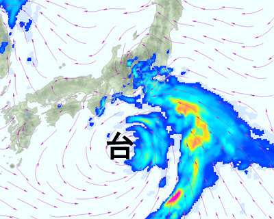 12日（水）の雨と風の予測。台風中心の東側・北側に雨雲が偏っている