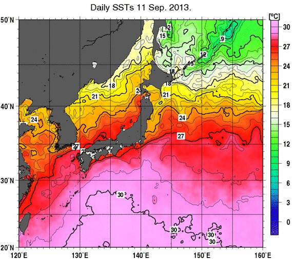 現在の海面水温。日本の南海上に30℃前後の海域が広がる。気象庁HPより。