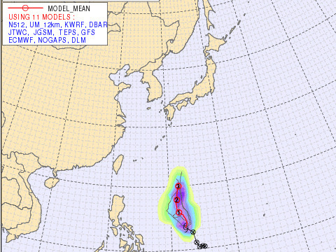 台風23号の11のシミュレーション計算結果。紫の所が確率高い。（韓国気象庁HP）