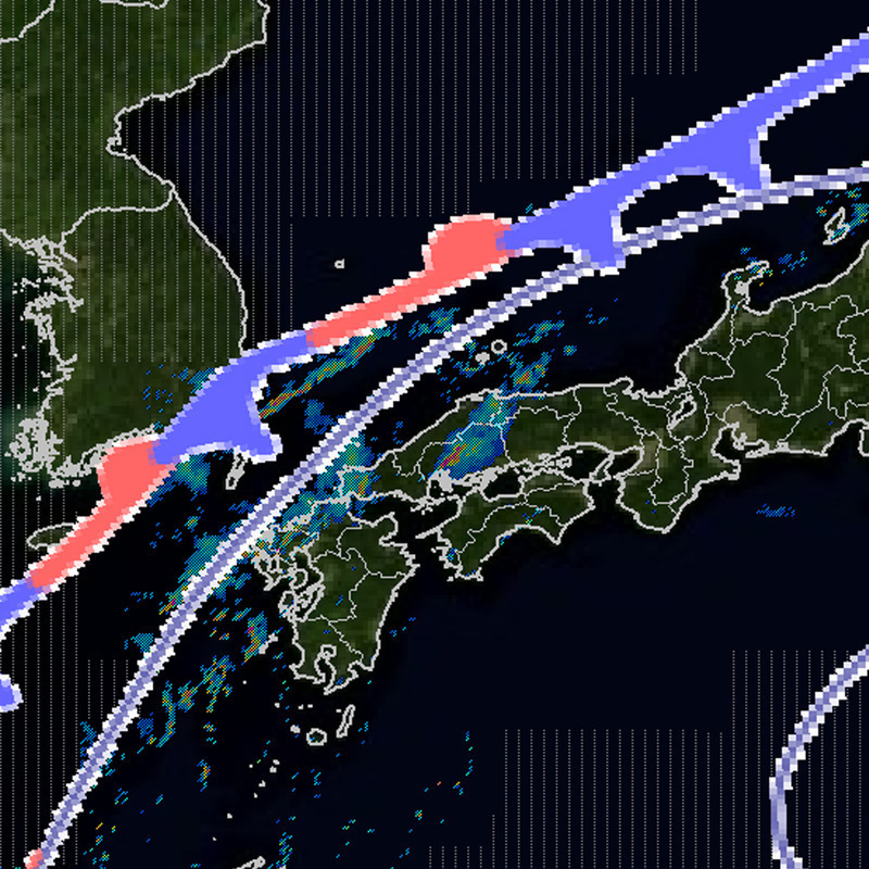 20日未明の雨雲の様子。前線が日本海に停滞し、南側で細かい雨雲が多く発生。