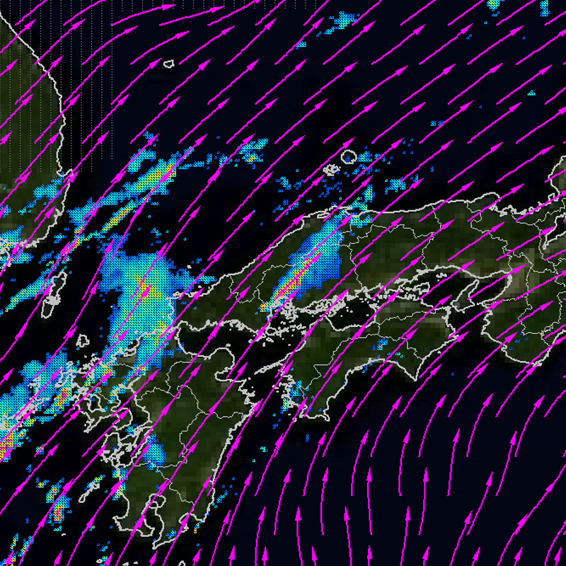 20日未明の上空3千メートル付近の風。風にそって、雨雲が広島県内に伸びている。