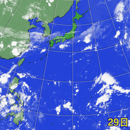 8月29日の衛星画像。フィリピンの東など台風発生地帯の雲がまばら。