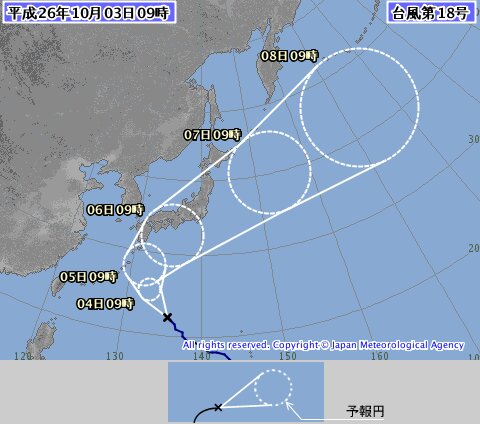 台風18号の進路予想（3日午前9時。気象庁）