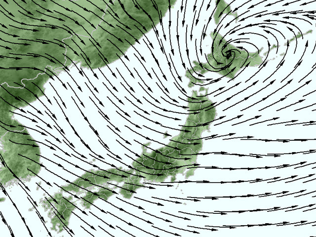 17日(水)午後の風の予測。北海道付近の渦が、低気圧の中心。