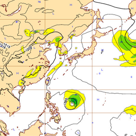 ヨーロッパ中期予報センターのサイトにある予測図。日本のはるか南にある円が台風。