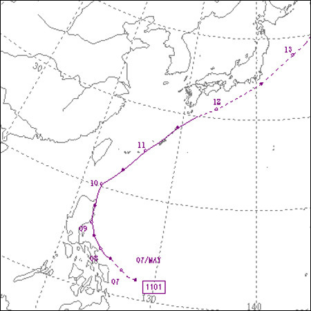 2011年5月に接近した台風1号の進路。（気象庁ホームページより）