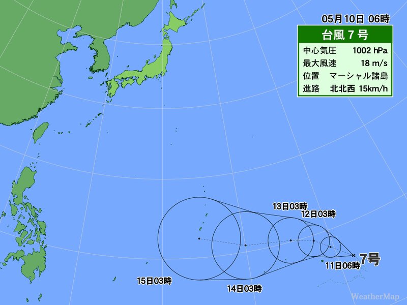 台風7号の進路予想図。日本付近に北上する可能性もある。