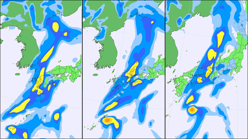 降水量予測図（黄・赤が強い雨）。左：12日朝、中：12日昼、右：12日夕