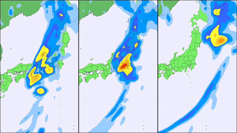 降水量予測図（黄・赤が強い雨）。左：12日夜遅く、中：13日明け方、右：13日昼