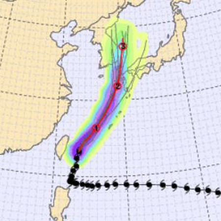海外気象機関を含む11通りの台風15号の進路シミュレーション（KMAより）