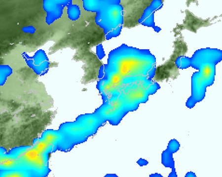 30日（日）の雨の予測。台湾方面から長くのびる雨の帯が秋雨前線。