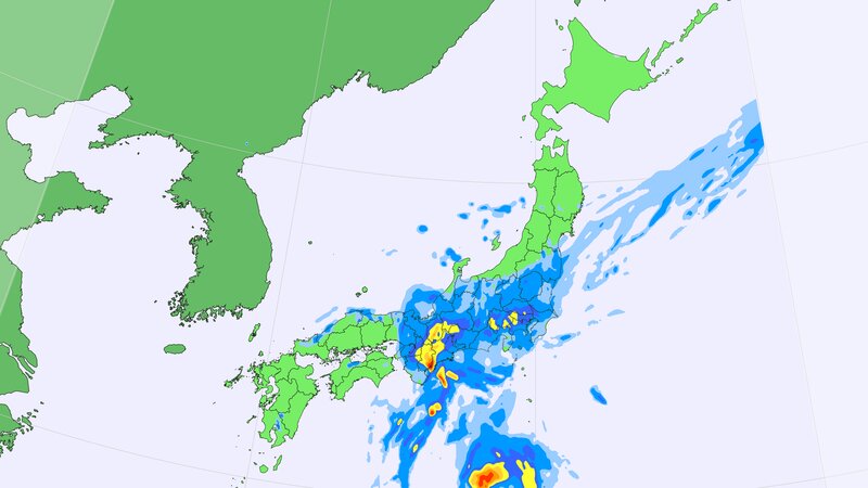 8日夕方の雨の予測。台風本体は南海上だが、秋雨前線の活発な雨雲が本州にかかる。