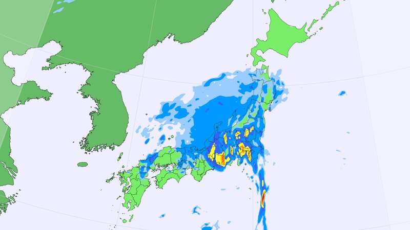 9日朝の雨の予測。この前後に、台風は東海地方または紀伊半島に上陸するおそれ。