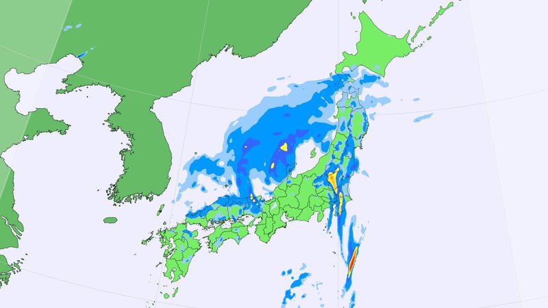 9日昼頃の雨の予測。台風本体の雨雲は主に日本海だが、関東に活発な雨雲。