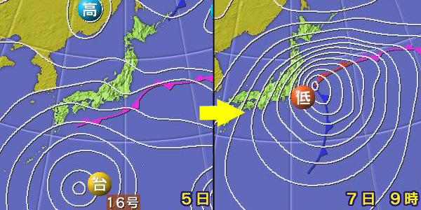 2006年10月の天気図。台風16号を吸収し、前線上に発生した低気圧が猛発達。