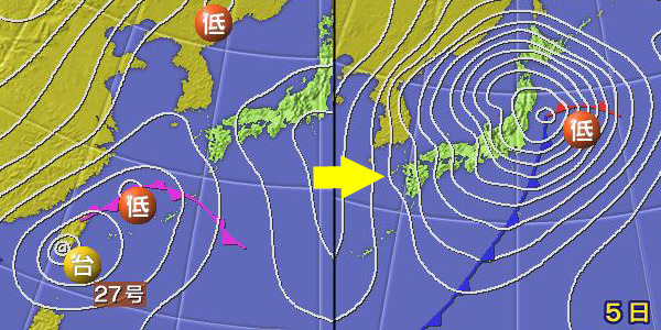 2004年12月の天気図。台風27号を吸収し、前線上に発生した低気圧が猛発達。