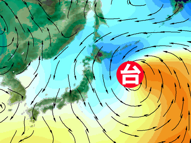 8日の上空約1500mの風（矢印）と気温（青が低温）予測。台風が寒気を引き込む。