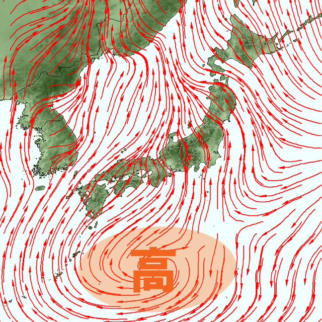 19日（日）の風の予測。南海上の高気圧からの暑い南風が、日本列島に流れ込む。
