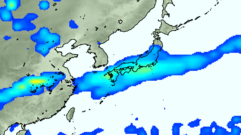 28日（火）の雨の予測。梅雨前線の雨雲が九州～本州付近に横たわる。