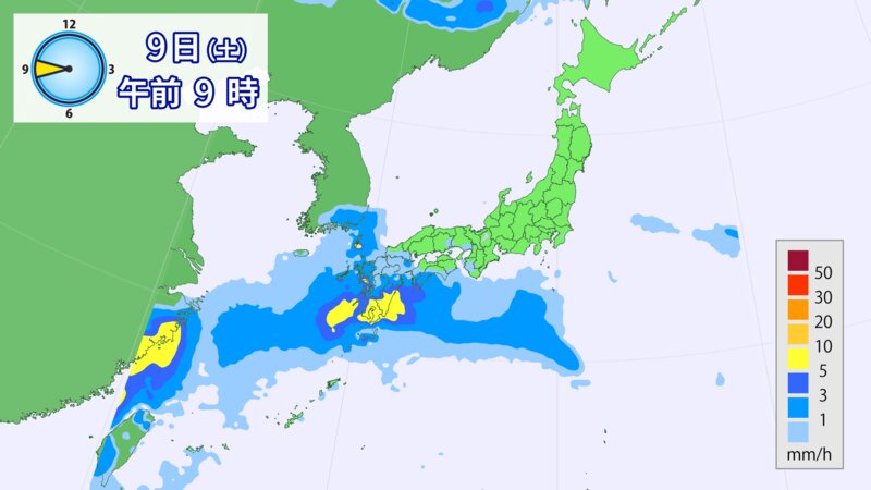 9日（土）の雨の予測。大陸東岸にある台風本体とは別に、九州～本州にも活発な雨雲。