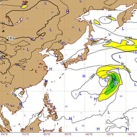 ヨーロッパ中期予報センターの予測。来週後半、台風らしき低気圧が日本の南東に。