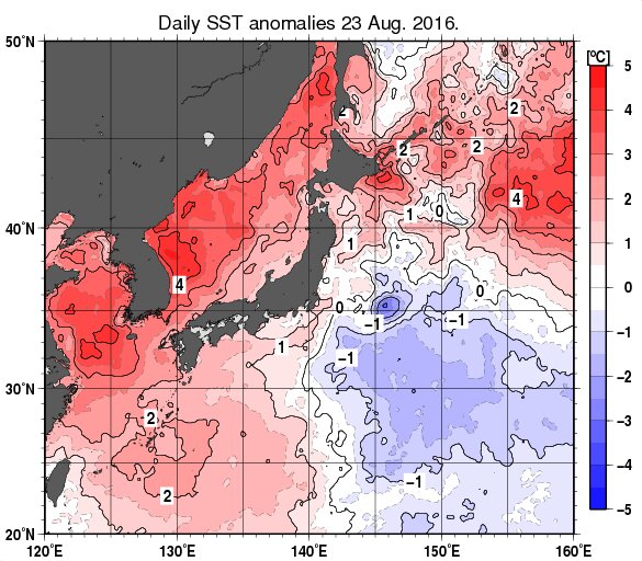 海面水温。赤が平年より高く、青が平年より低い。台風が続いた海域は低くなっている。