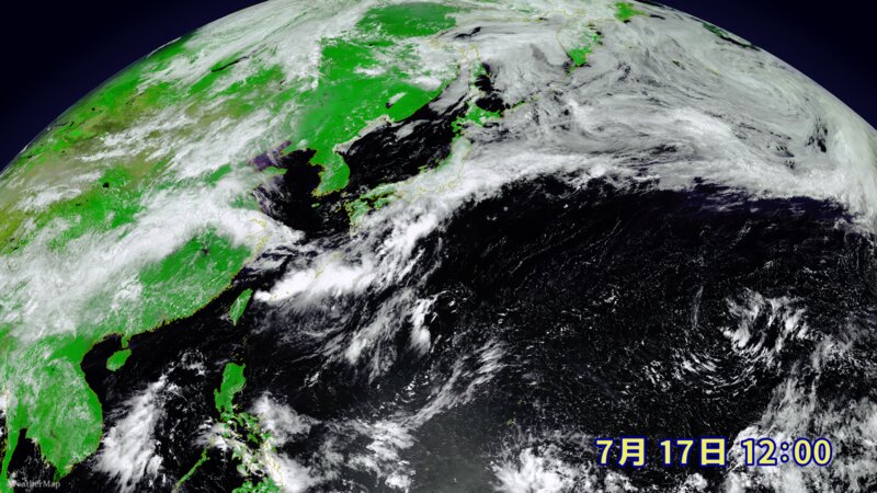 17日の気象衛星画像。大陸~日本付近へ長く梅雨前線の雲がのびる。梅雨前線の南、太平洋上で雲のない広大なエリアが太平洋高気圧。この高気圧の範囲が北へ拡大すると梅雨明けへ向かう。(提供:ウェザーマップ)