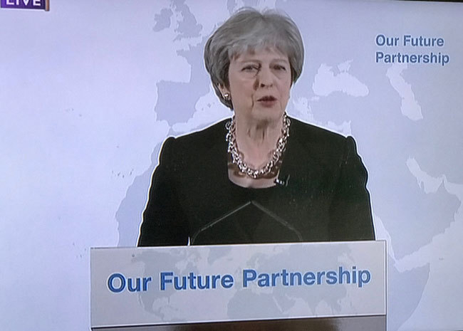 テリーザ・メイ英首相は３月２日、ロンドン市長公邸でＥＵ離脱協議方針について演説した