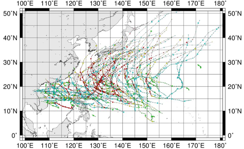 10月上旬に発生した台風経路　1951年から2018年　国立情報学研究所より