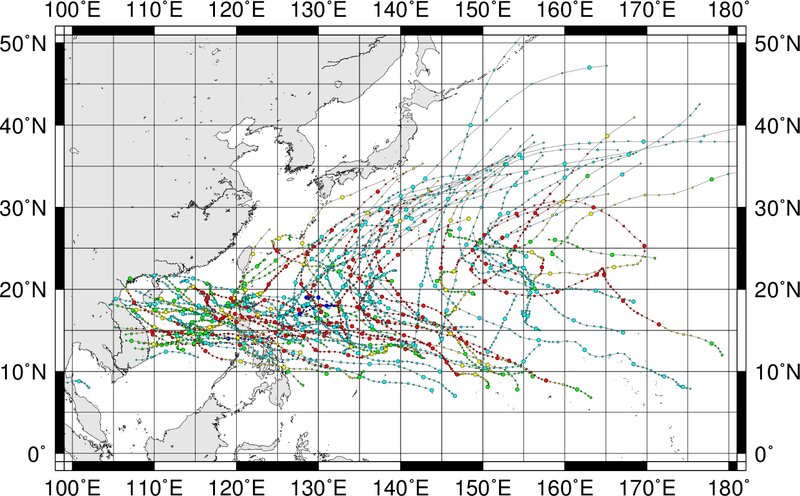 10月下旬に発生した台風の経路図　国立情報学研究所HPより 