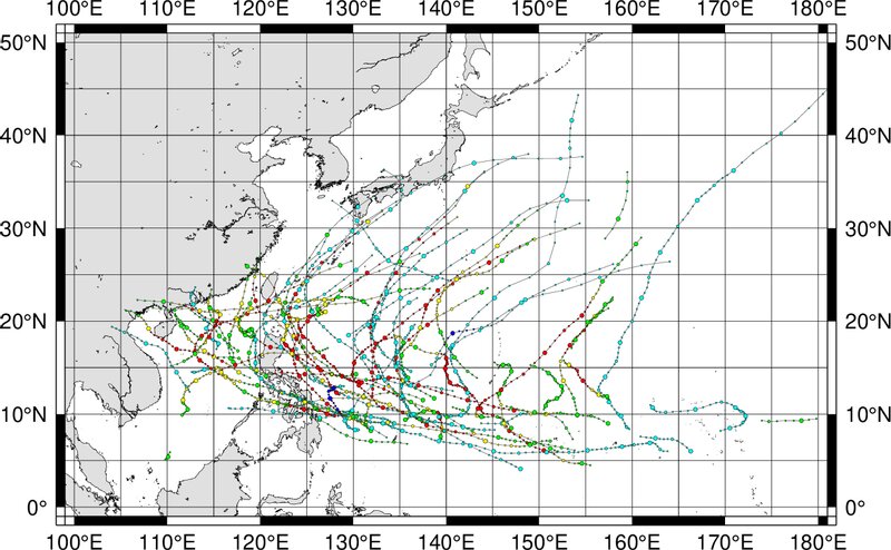 国立情報学研究所HPより　過去の台風2号の経路図（1951年から）
