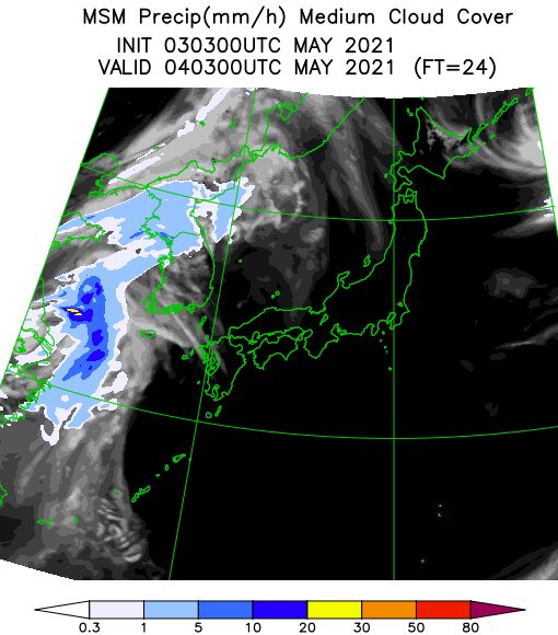 画像　ウェザーマップ　降水と中層雲の予想　4日12時