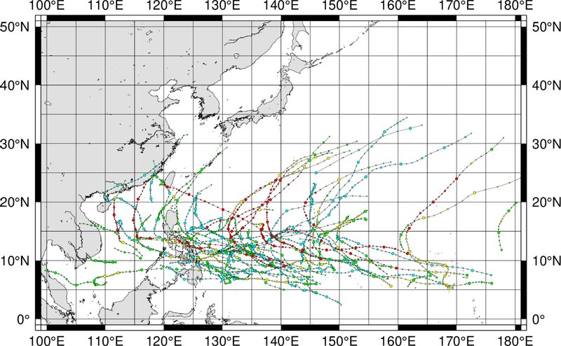 画像　過去の台風1号の経路図　国立情報学研究所　